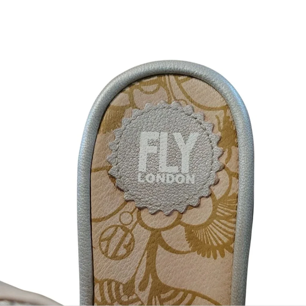 FLY London Yahl Wedge Open Toe Sandals Size 38 Silver 7 1/2 8